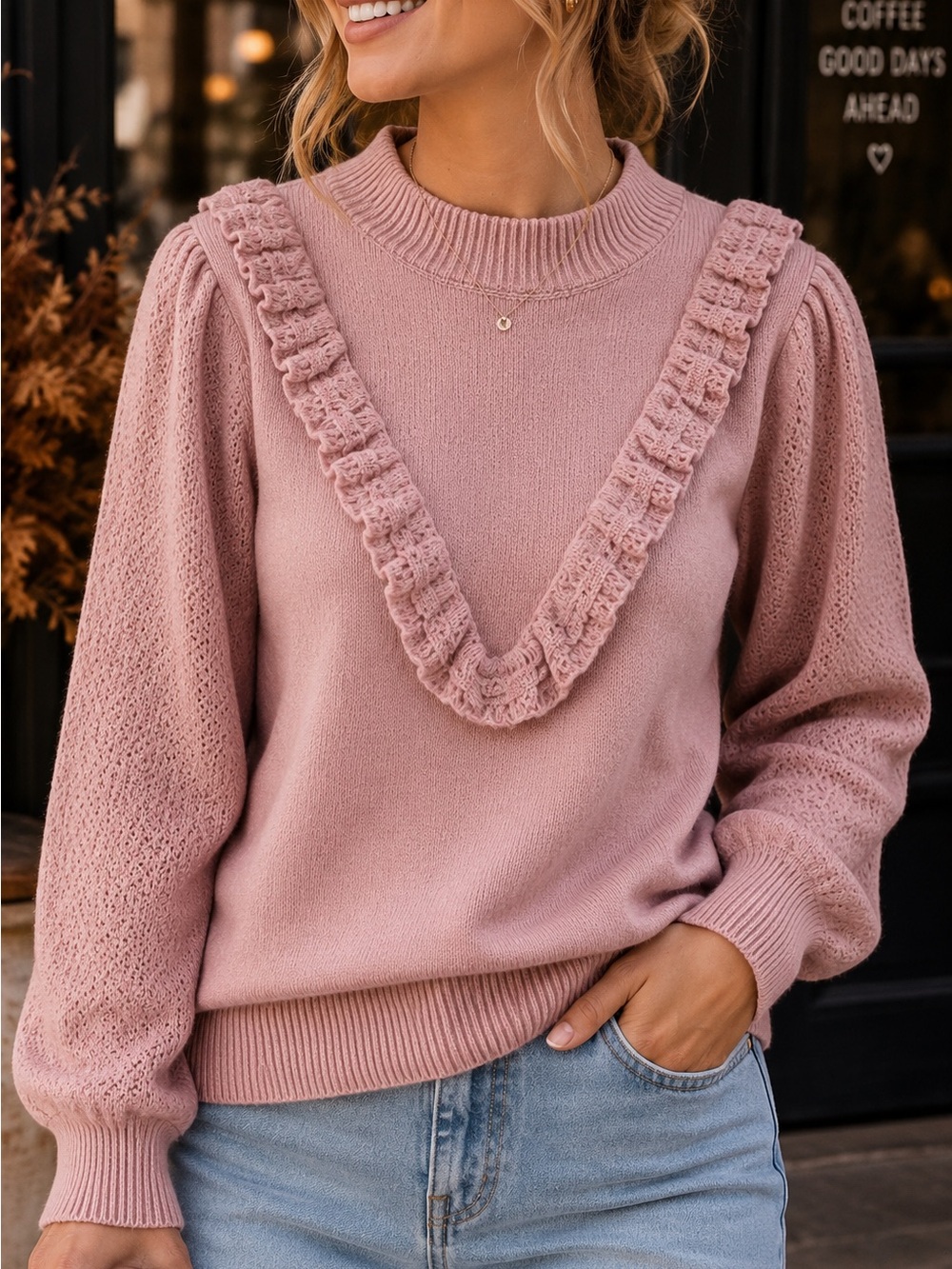 Adrienne Vittadini Pink Ruffle Knit Mock Neck Sweater Size M